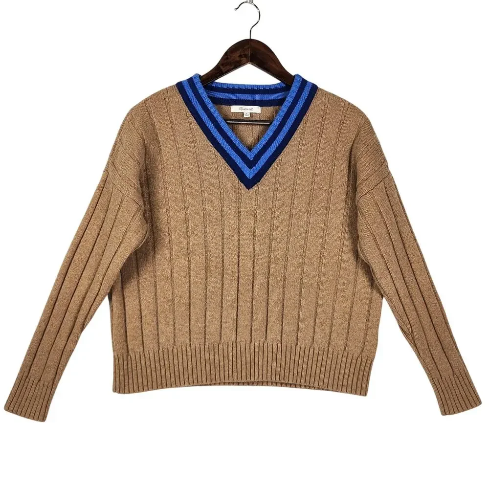 Madewell Tipped V-Neck Oversized Sweater in Tan With Blue V-Neck SZ SM Wool Blnd - Picture 2 of 13